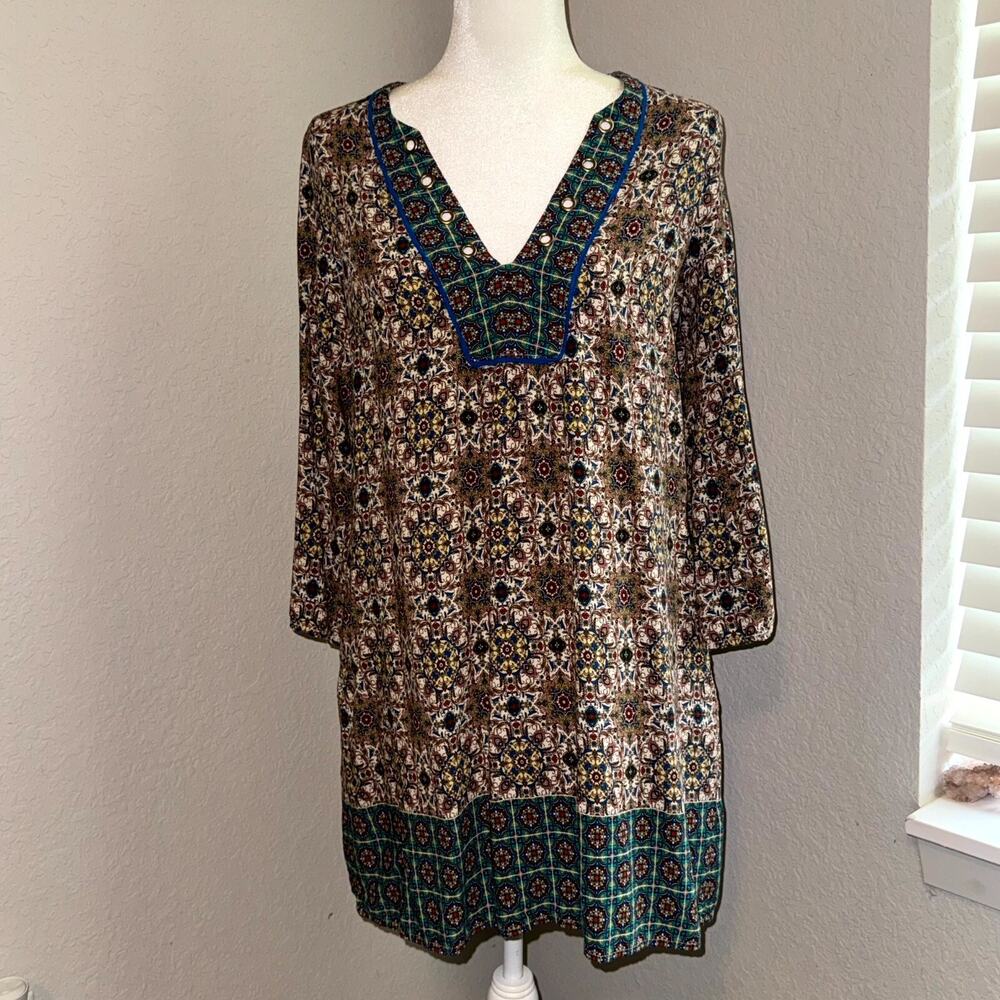 Shift Dress Women Medium Multi Geometric‎ Print V-Neck Pullover Boho Resortwear